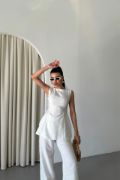JAKAR KETEN KOLSUZ BLUZ-PANTOLON TK - Beyaz resmi
